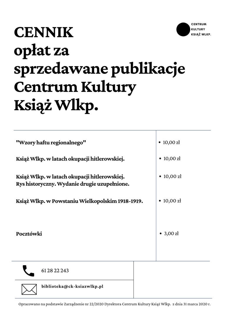 Na obrazku znajduje się logo Centrum Kultury Książ Wlkp. i cennik publikacji