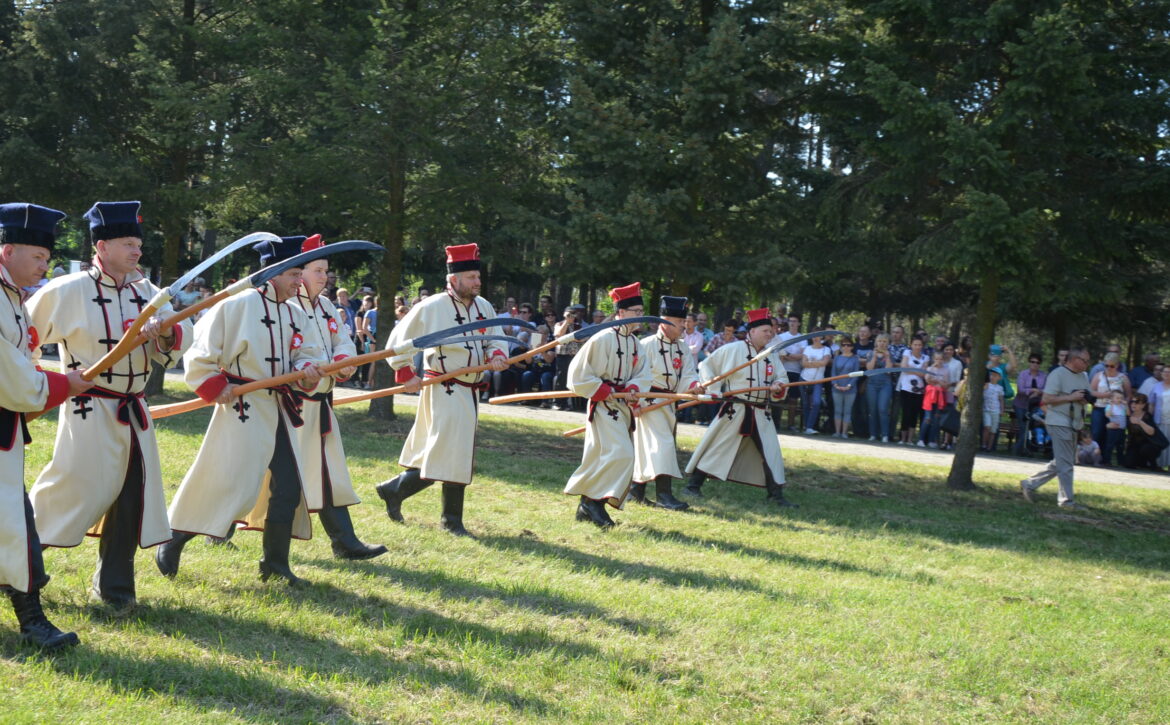 Zdjęcie przedstawia grupę kosynierów