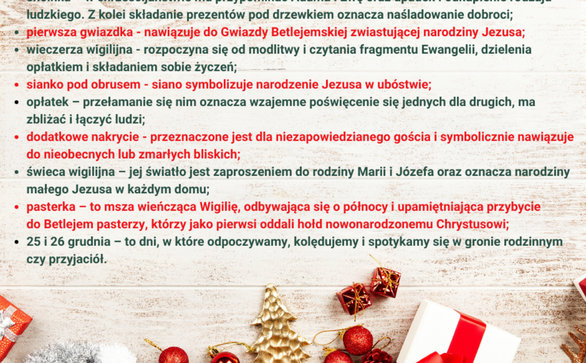 Na obrazku jest lista bozonarodzeniowych tradycji oraz dekoracje i prezenty świąteczne
