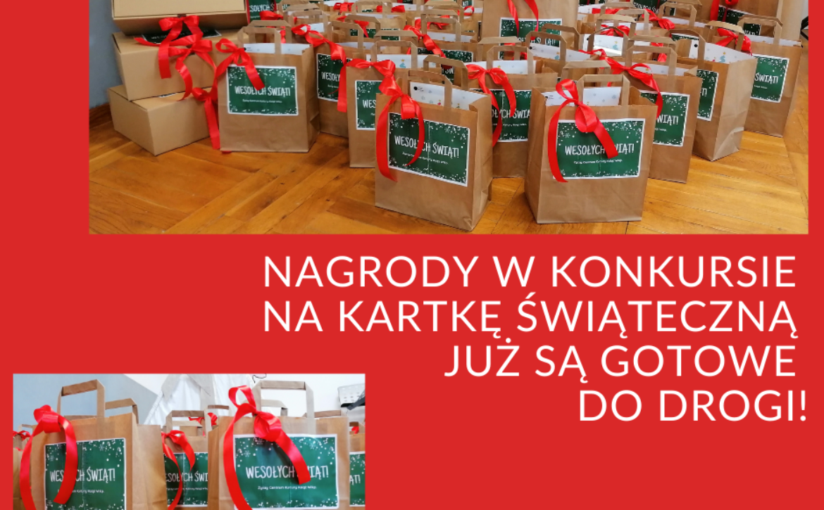 Na obrazku są nagrody w konkursie na kartkę świateczną