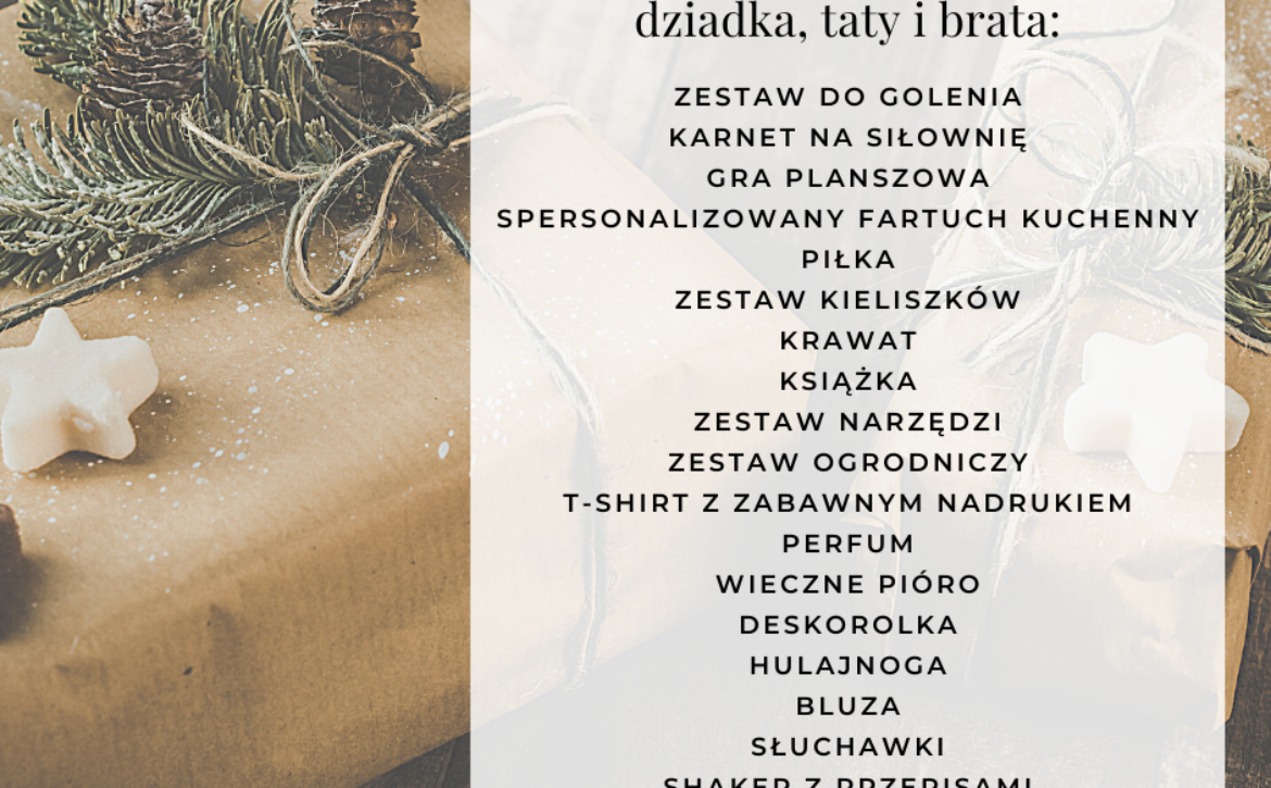Na obrazku jest prezent oraz propozycje prezentów dla dziadka, taty i brata