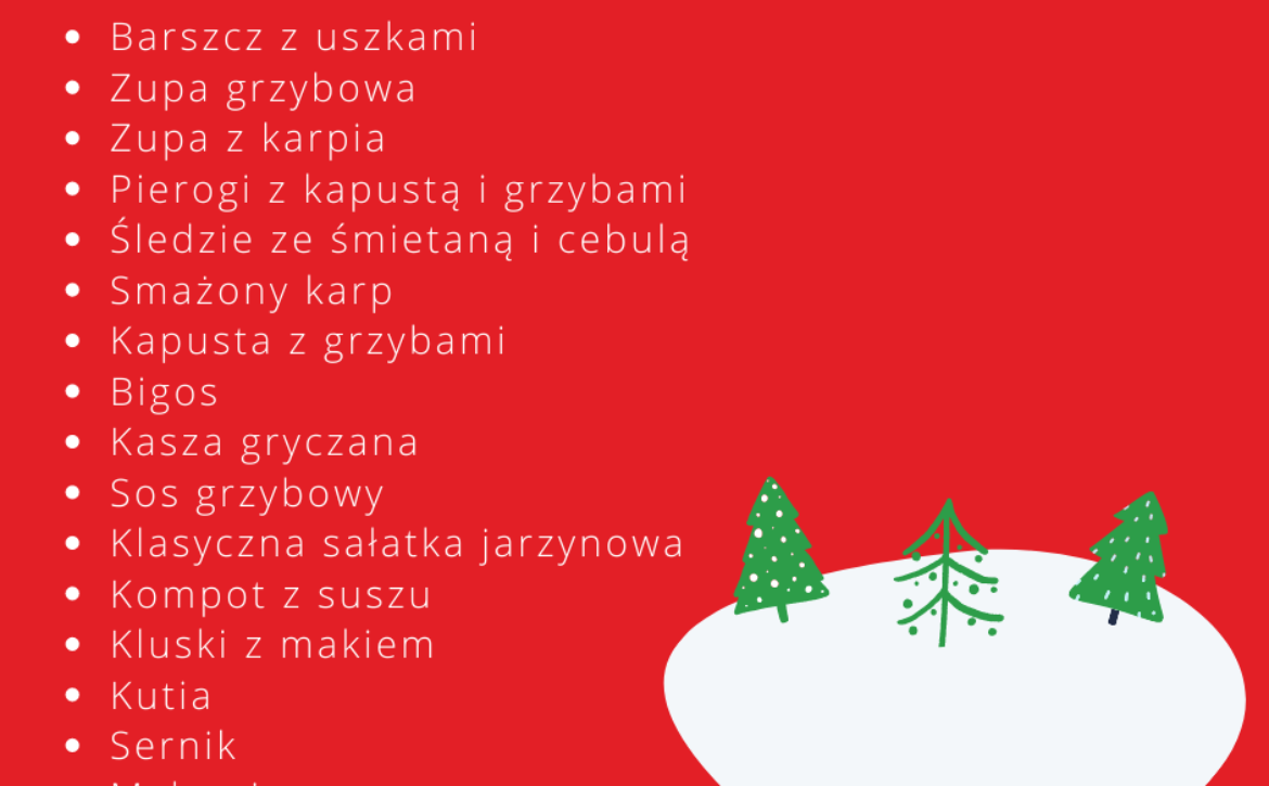Na obrazku są propozycje świątecznych dań i choinki