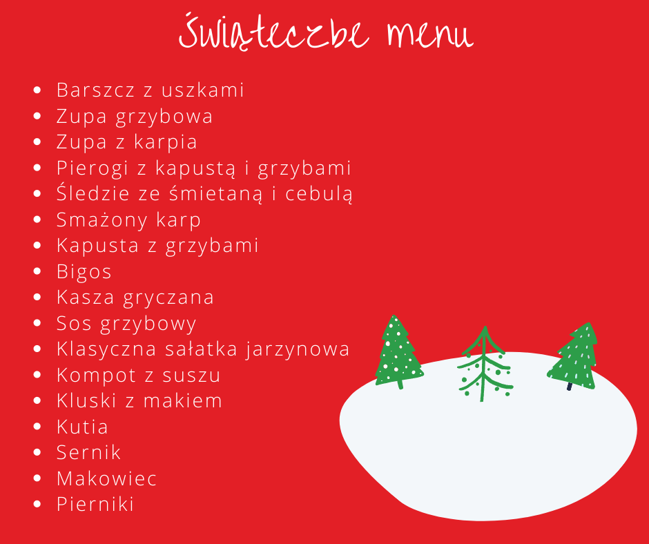 Na obrazku są propozycje świątecznych dań i choinki