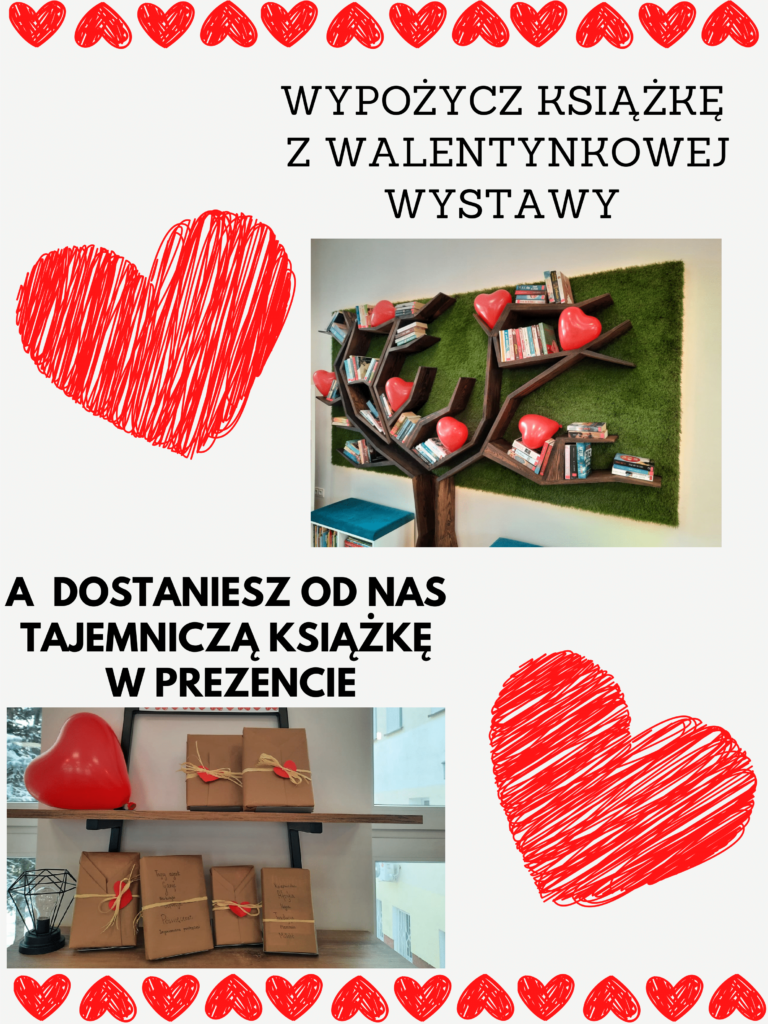 Na obrazku sa serduszka, drzewo z książkami i ksiazki
