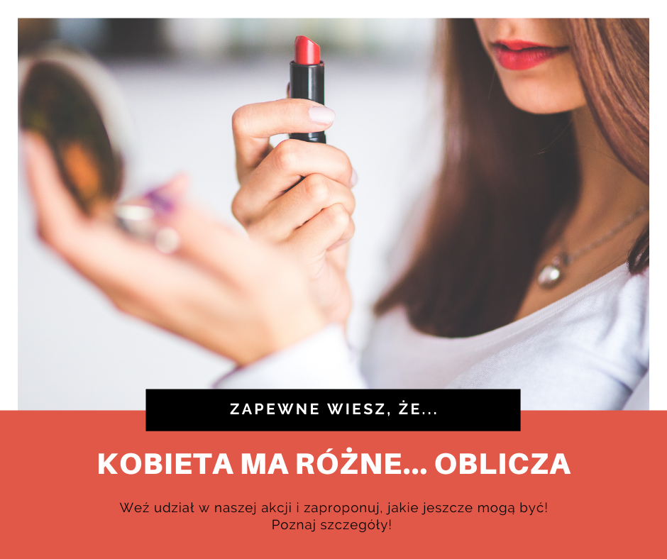Na obrazku znajduje się kobieta trzymająca w dłoniach szminkę i lusterko