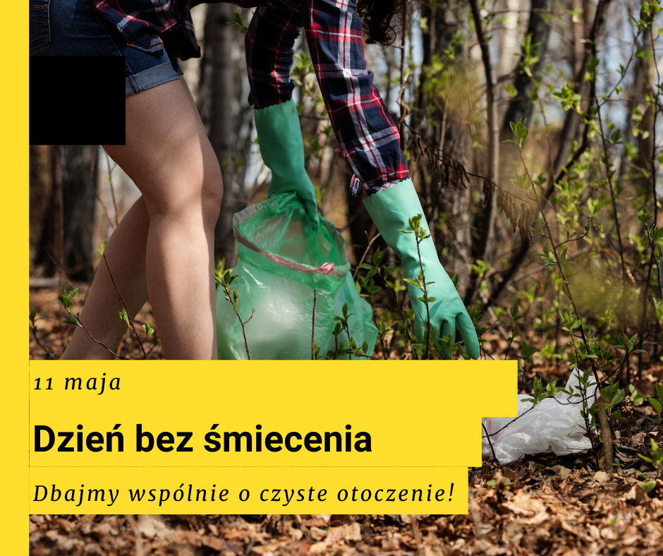 Na obrazku znajduje się człowiek zbierający śmieci i tekst