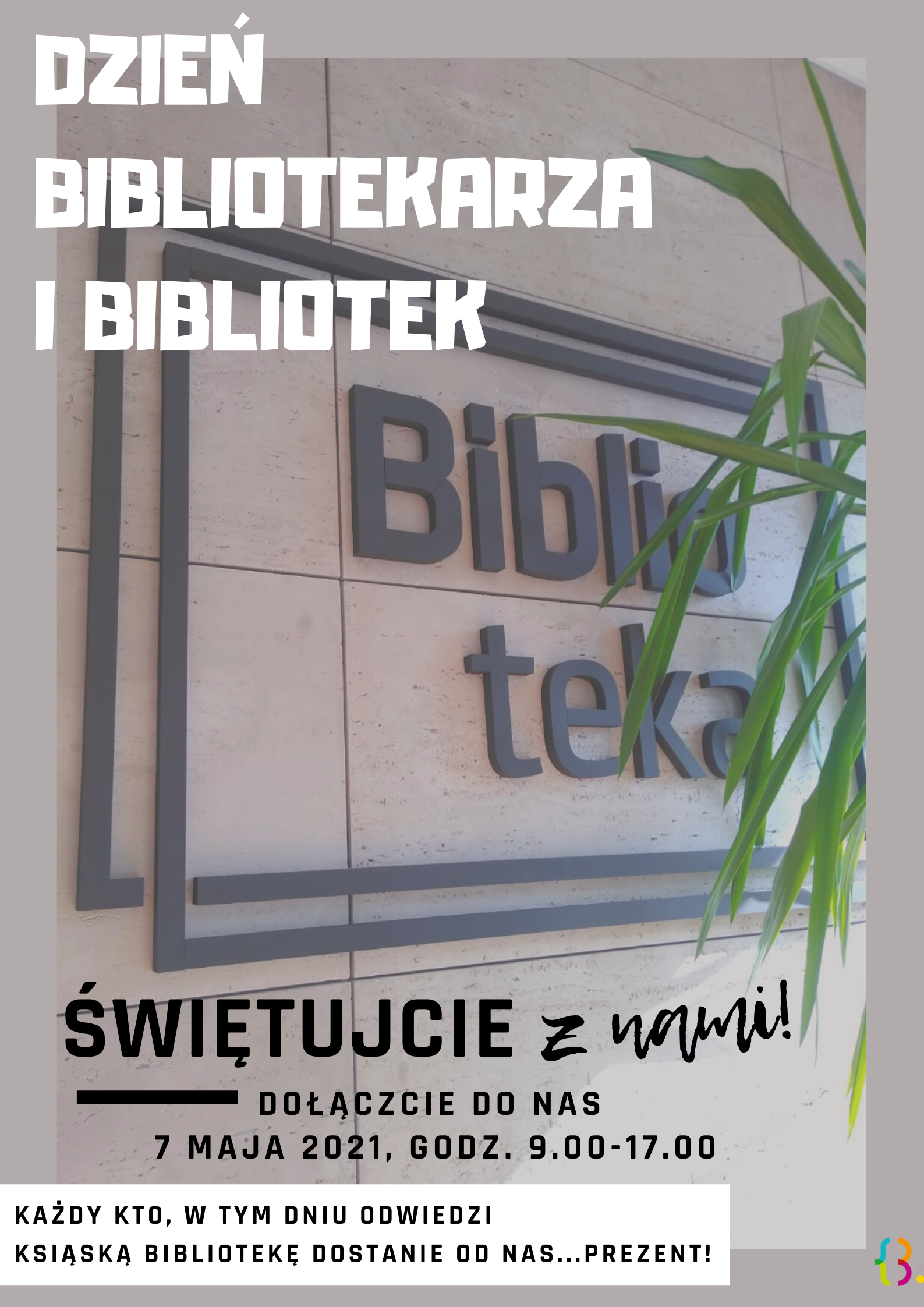 Na obrazku jest logo biblioteki powieszone w jej wnętrzu oraz tekst