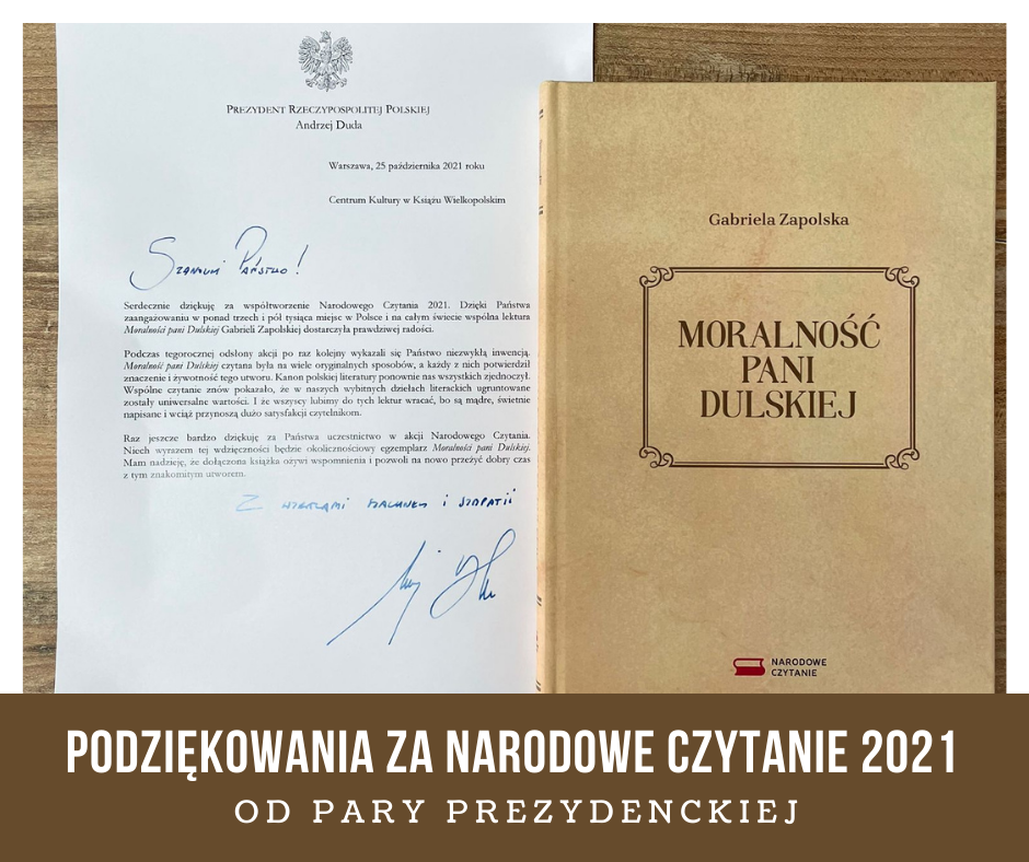 Zdjęcie przedstawia plakat z podziękowaniem za narodowe czytanie.